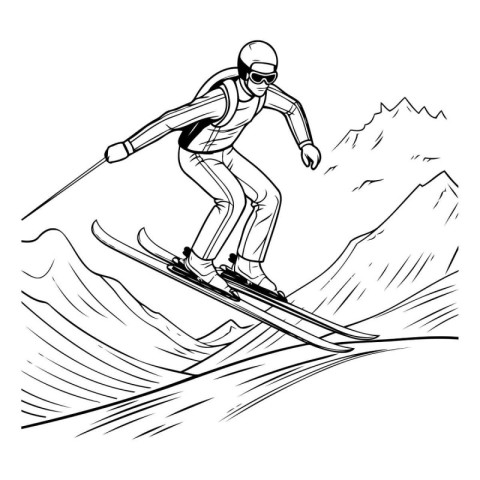 Skier skiing downhill. Black and white hand drawn vector illustr