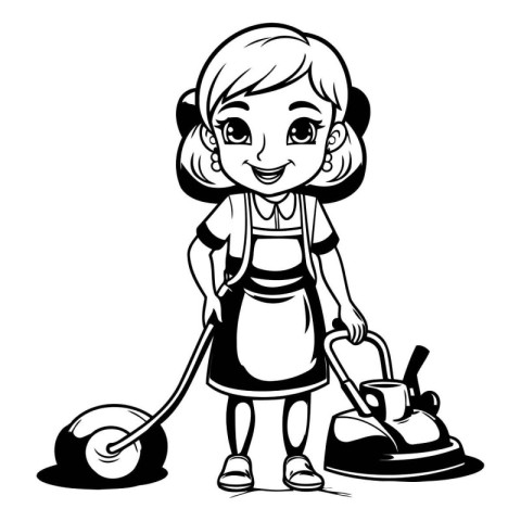 Girl with a lawn mower. Black and white vector illustration.