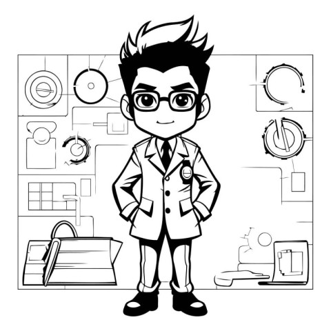 Doctor with stethoscope cartoon in black and white vector illust