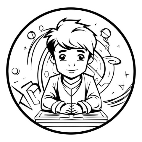 Boy with a book. Black and white illustration for coloring book.