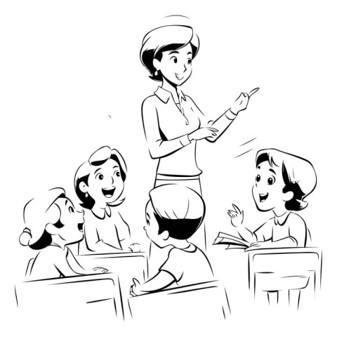 Teacher talking to children in the classroom. Black and white ve