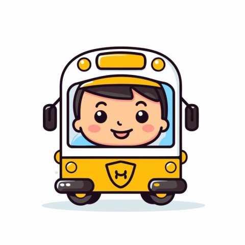 Cute boy in school bus. Cute cartoon vector illustration.