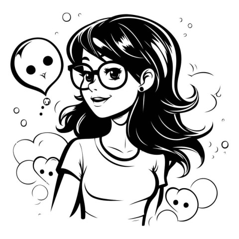 Beautiful girl in glasses with speech bubbles. Black and white v