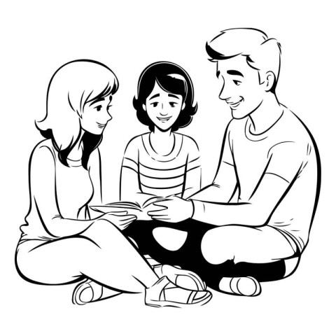 Family reading a book together. Black and white vector illustrat