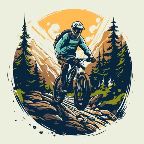 Mountain biker rides through the forest. Vector illustration in