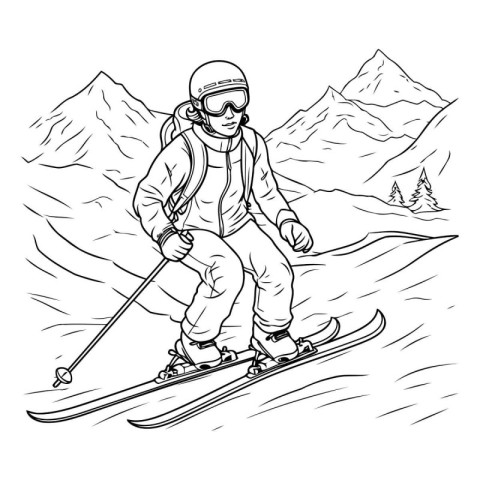 Skier skiing in mountains. Vector black and white illustration o