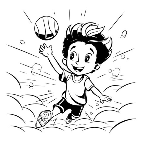 Black and White Cartoon Illustration of a Kid Playing Volleyball