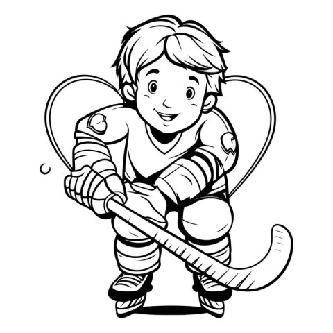 Cartoon illustration of a boy hockey player holding a hockey sti