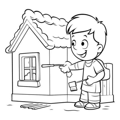 Black and White Cartoon Illustration of Kid Boy Painting House o