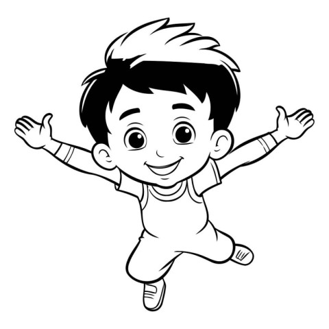 Cute Little Boy Jumping - Black and White Cartoon Illustration.