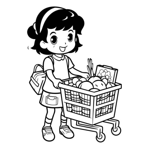 Black and White Cartoon Illustration of Little Girl with Shoppin