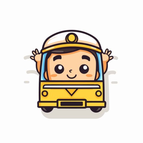 Cute Little Boy Pilot Driving Yellow School Bus Vector Illustrat