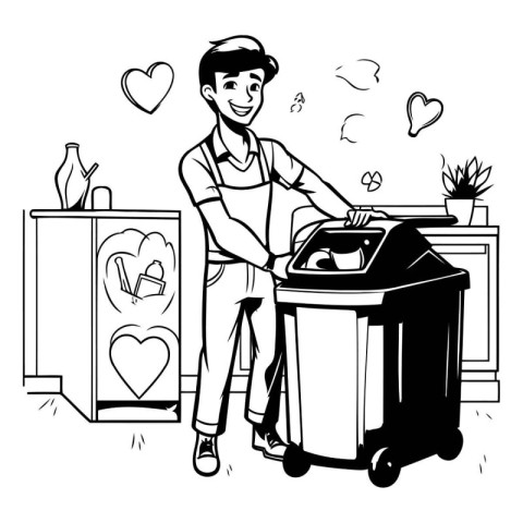 Vector illustration of a young man with a trash can and a heart