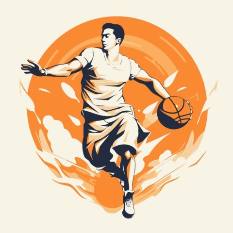 Basketball player jumping with ball. Vector illustration in retr