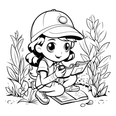 Coloring Page Outline Of a Cute Girl Reading a Book