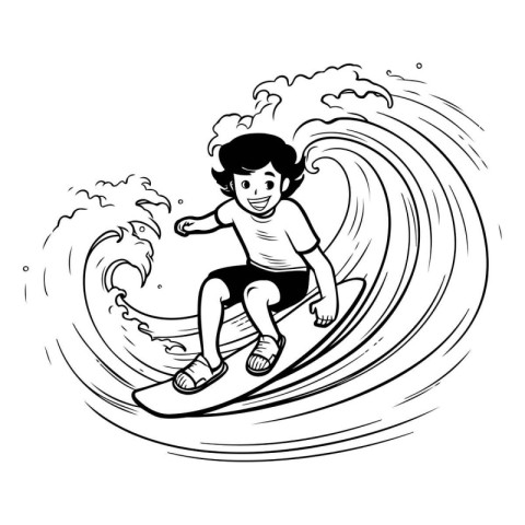 Boy surfing on a wave. Black and white vector illustration isola