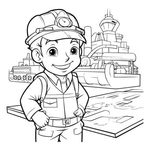 Black and White Cartoon Illustration of Kid Boy Construction Wor