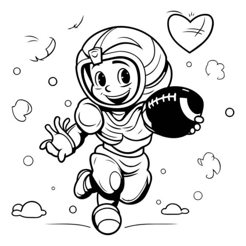 Cute cartoon astronaut playing american football. Vector illustr