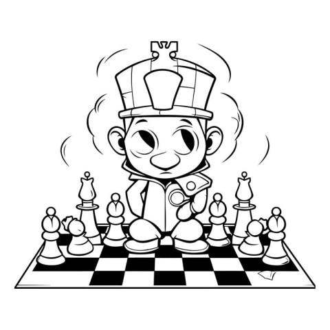 Chess King Cartoon Mascot Character Black And White Illustration