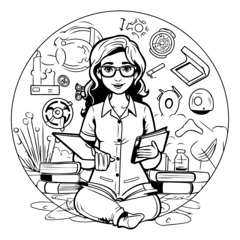 Vector illustration of a girl reading a book in a circle with do