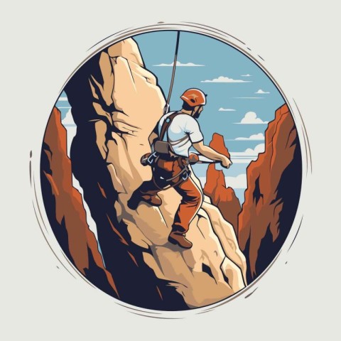 Rock climber climbing on a cliff. Vector illustration in retro s