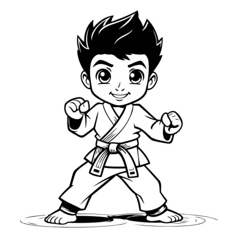 Karate Boy - Black and White Cartoon Illustration. Isolated on W