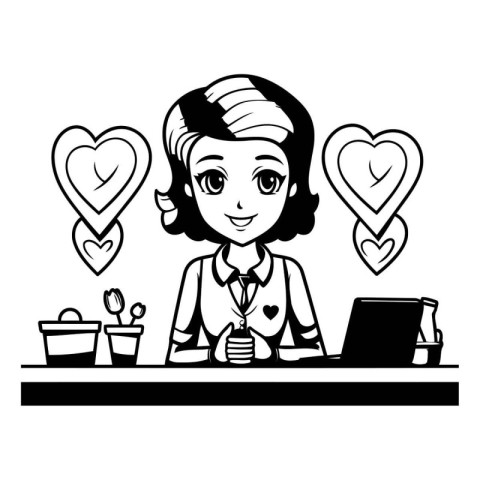 Business woman in office with laptop and heart icons vector illu