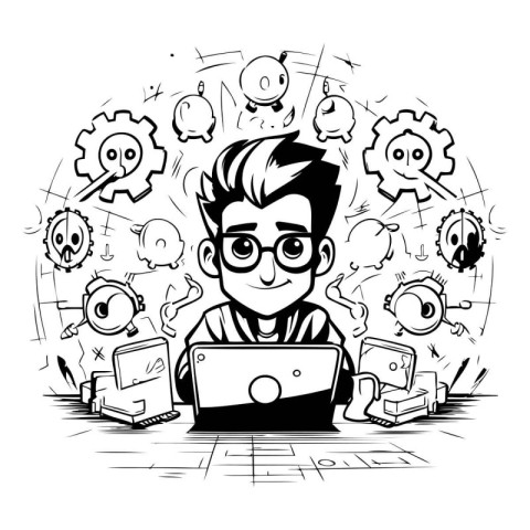 Vector illustration of a boy working on a laptop in the office.