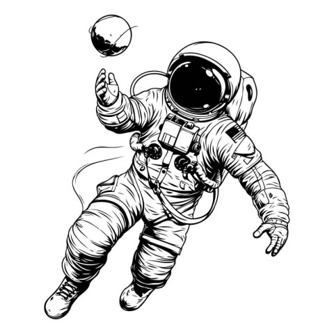 Astronaut with ball in hand. Vector illustration on white backgr