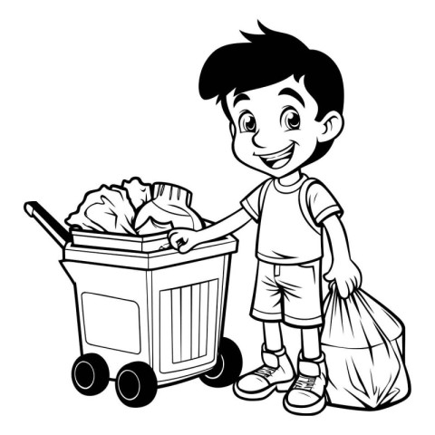 Black and white cartoon illustration of a boy carrying a trash c