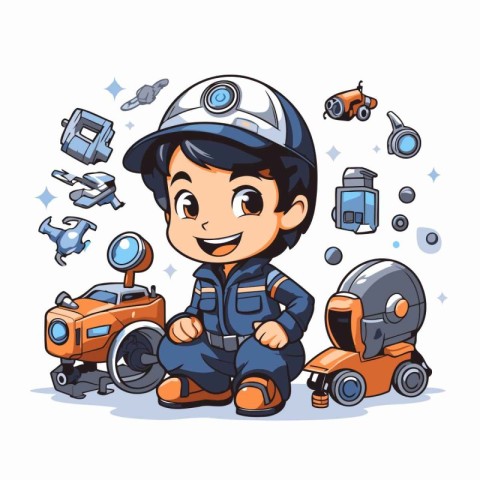 Cute little boy playing with robots. Vector illustration in cart