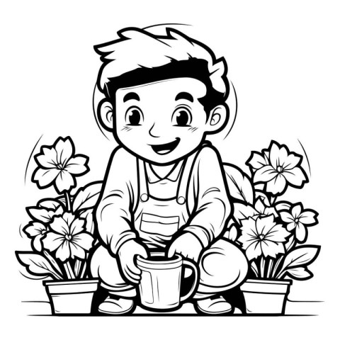 Cute Boy Gardening - Black and White Cartoon Illustration. Vecto