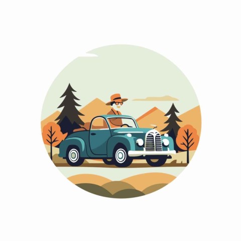 Retro car in the forest. Vector illustration in flat style.