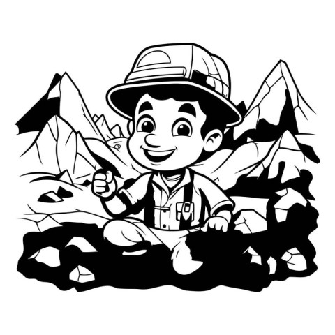 Cartoon illustration of a boy with a mountain in the background.