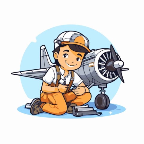 Cartoon pilot with airplane. Vector illustration on a white back