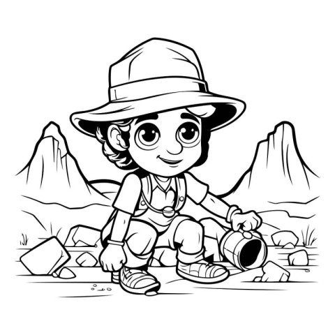 Black and White Cartoon Illustration of Kid Camping or Hiking To