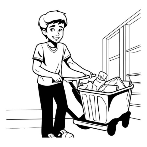 Man with a basket full of household products. Black and white ve