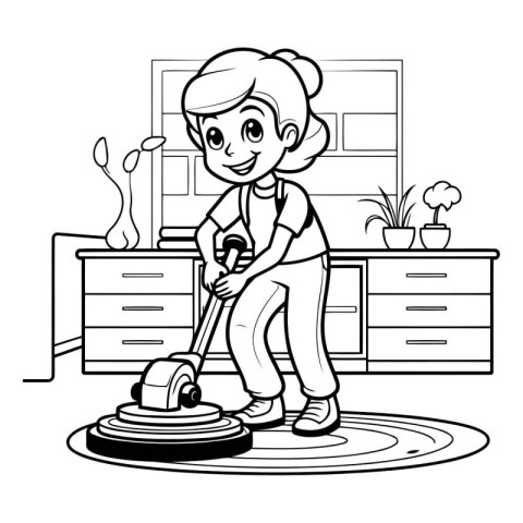 Boy cleaning floor with vacuum cleaner - black and white vector