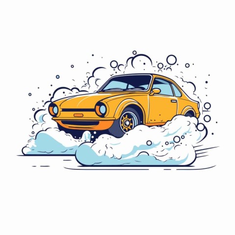 Retro car in the clouds. Vector illustration on white background