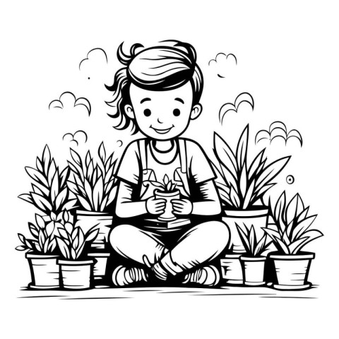 Cute little boy planting plants in the garden. Vector illustrati