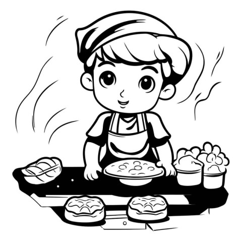 Black and White Cartoon Illustration of Cute Boy Cooking Baked B