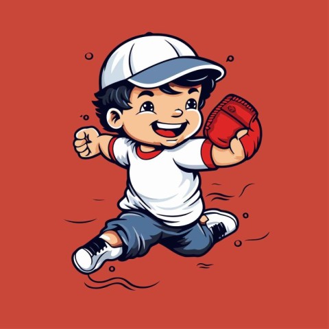 Vector illustration of a boy playing baseball on a red backgroun