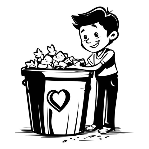 Boy with a trash can full of flowers. Black and white vector ill