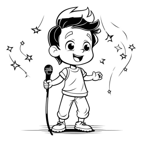 Cartoon little boy singing karaoke with microphone. Vector illus