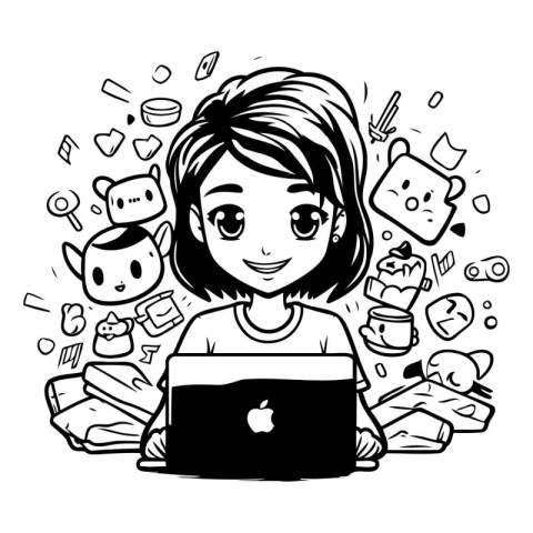 Cute little girl with laptop. Vector illustration in doodle styl