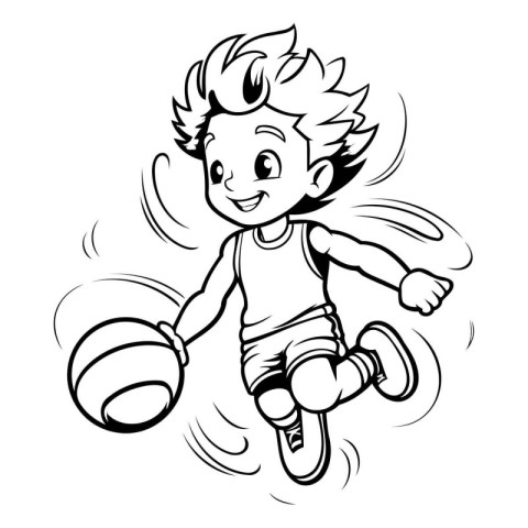 Boy Playing Basketball - Black and White Cartoon Illustration. I