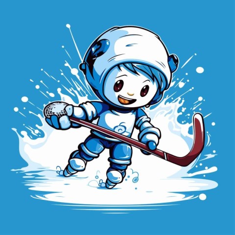 Illustration of a little boy playing ice hockey on a blue backgr