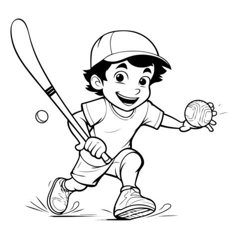 Illustration of a Little Boy Playing Baseball - Black and White