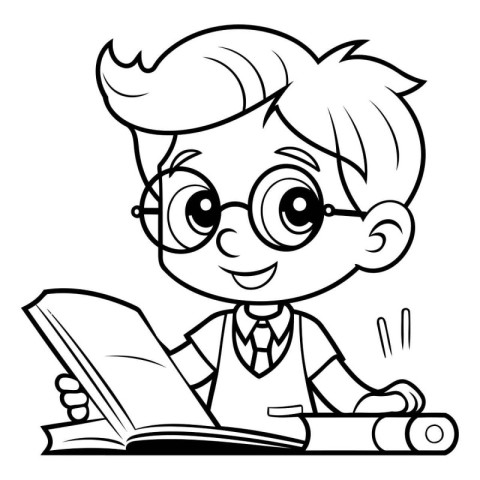 Black and White Cartoon Illustration of Boy Student Reading a Bo