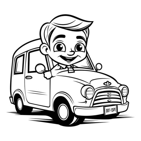 Vector illustration of a happy little boy driving a car isolated